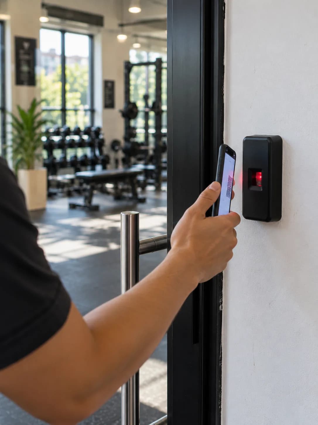 A door access reader beside a gym's glass entrance