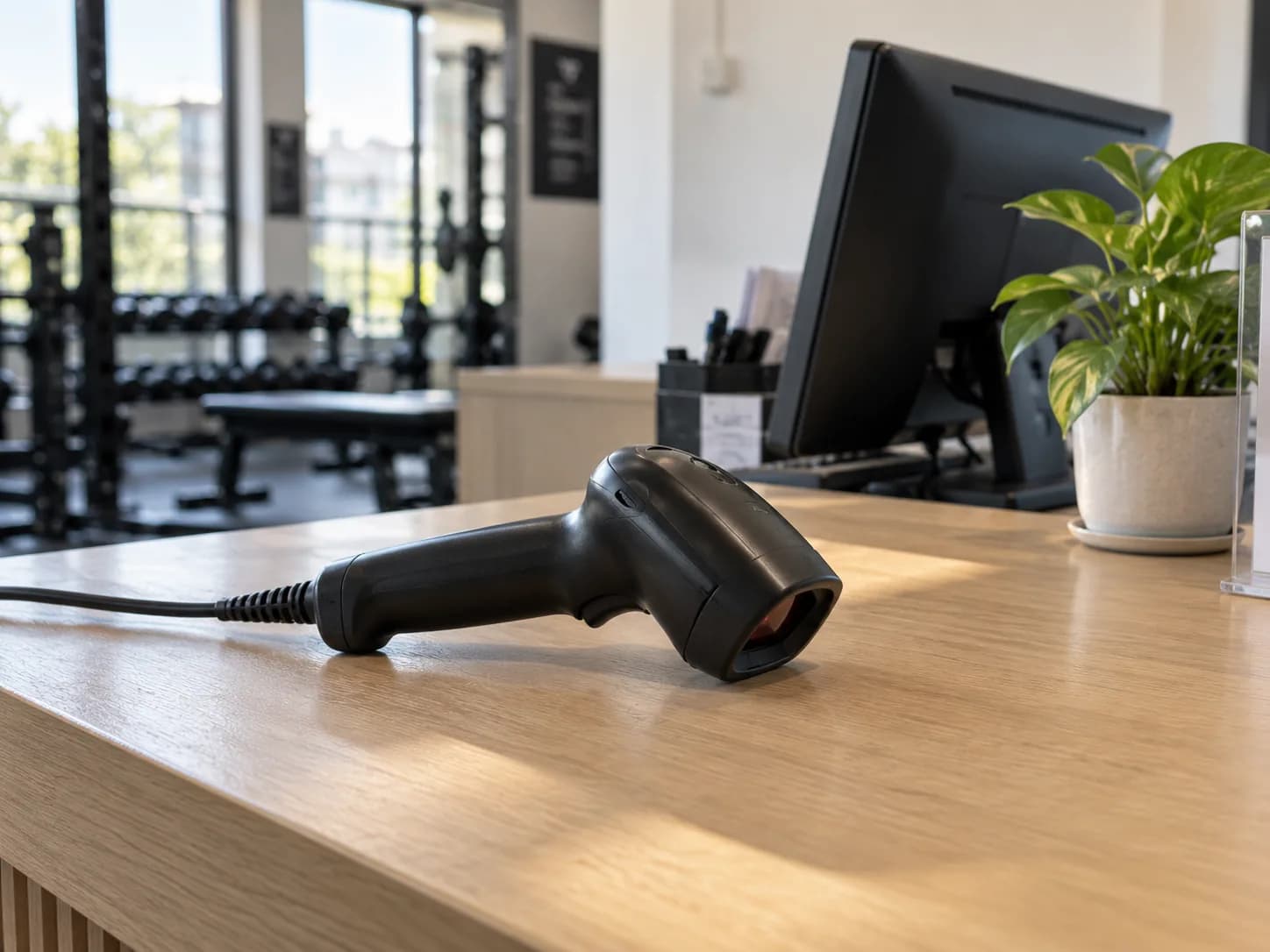 A handheld QR scanner on a gym's front desk