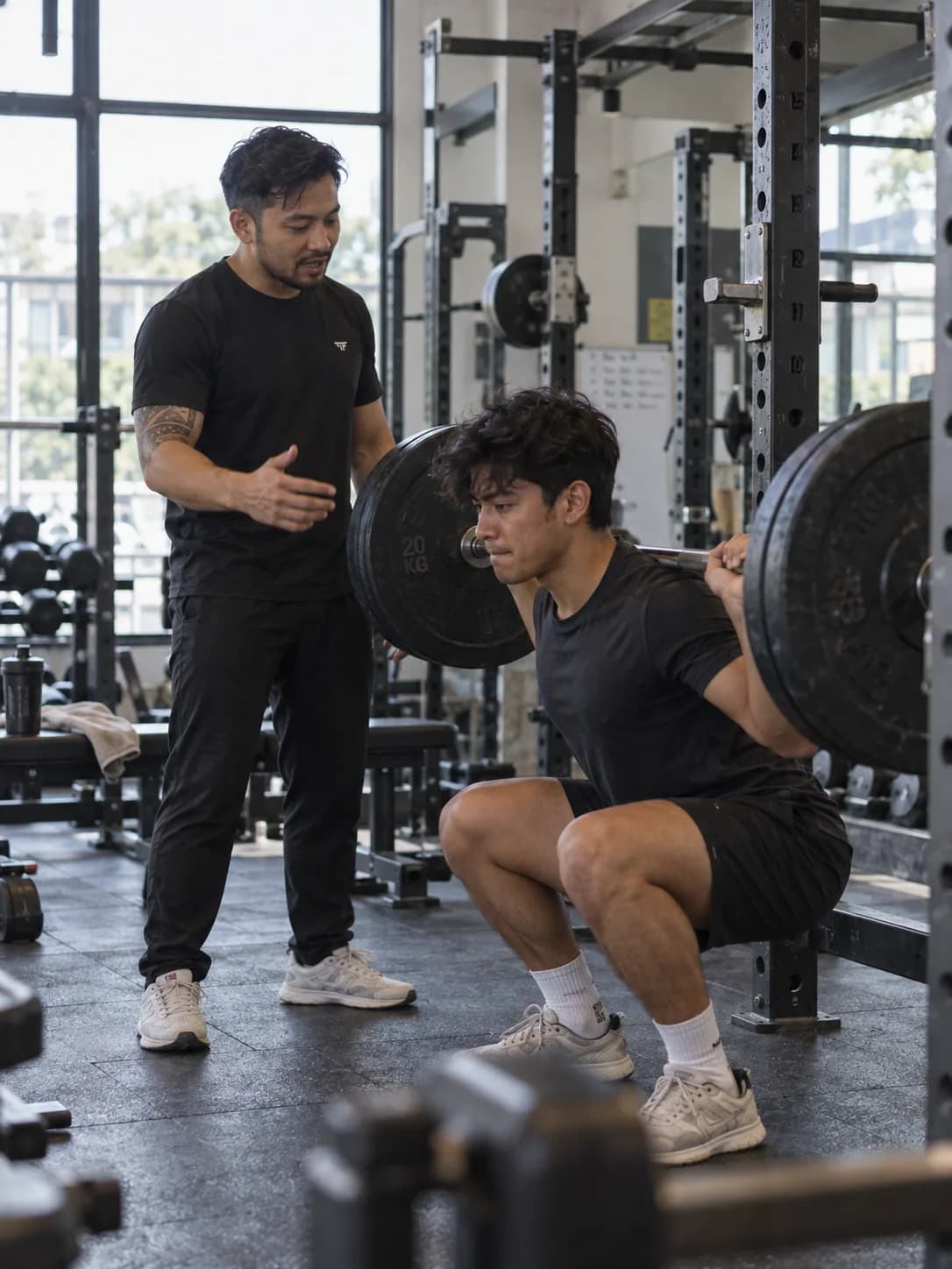 A trainer coaches a member through a lift