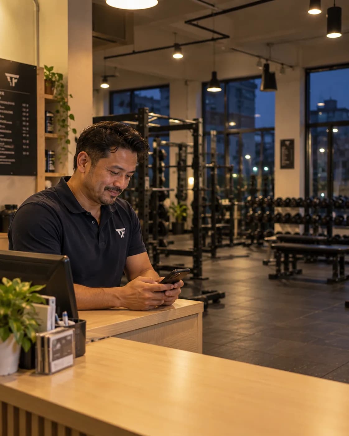 A gym owner checks the day's numbers on their phone at the front desk