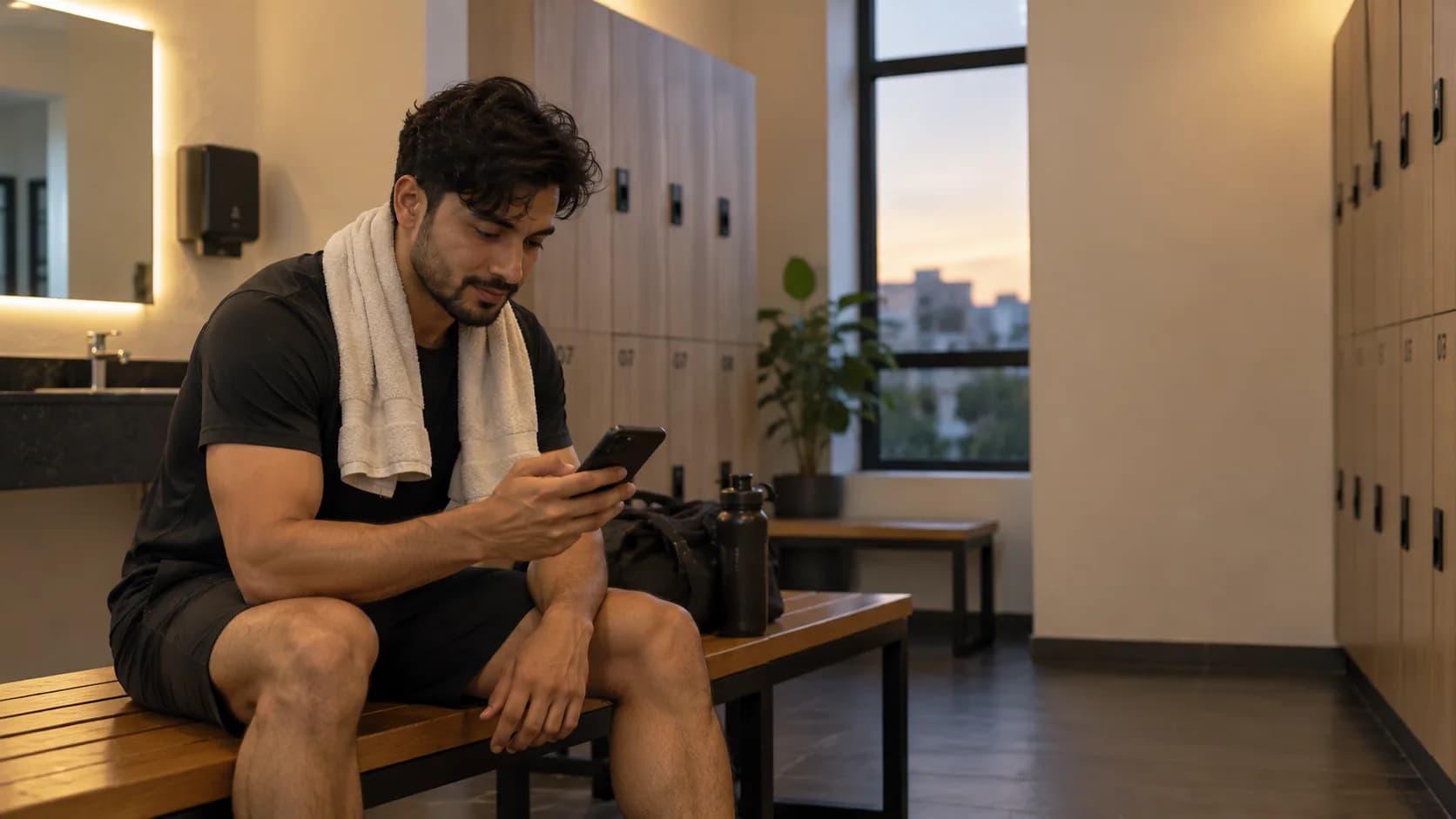 A member reads a message from their gym on their phone after a workout