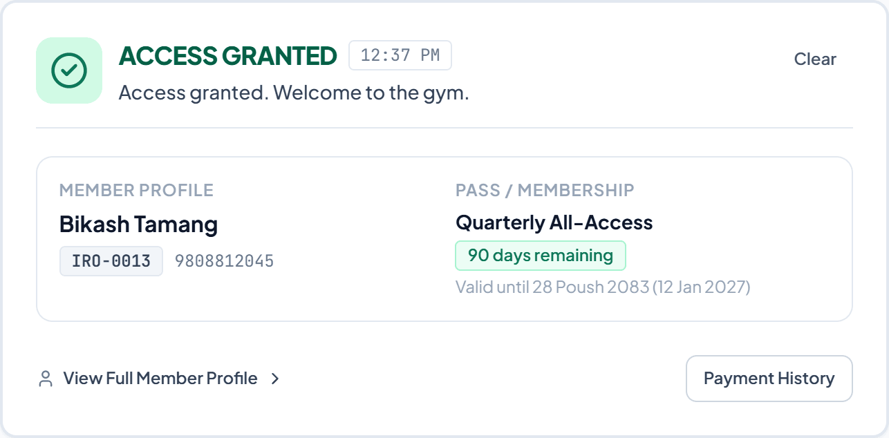 Check-in desk showing "Access granted" for a member with 90 days left on a quarterly plan