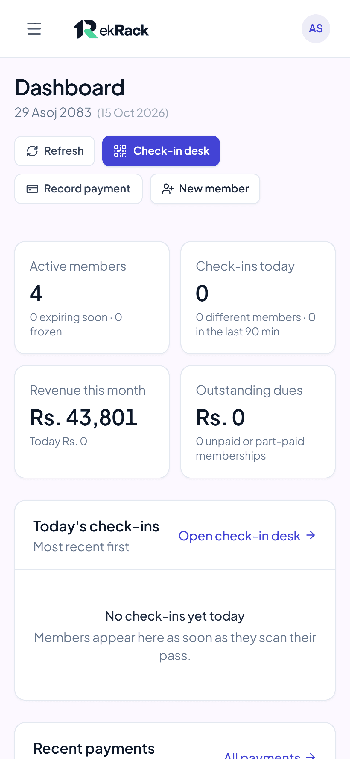 Owner's dashboard on a phone: active members, today's check-ins, revenue this month and outstanding dues