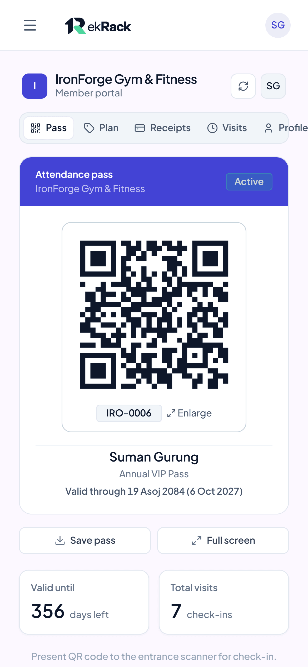 A member's QR pass on a phone, valid through 19 Asoj 2084