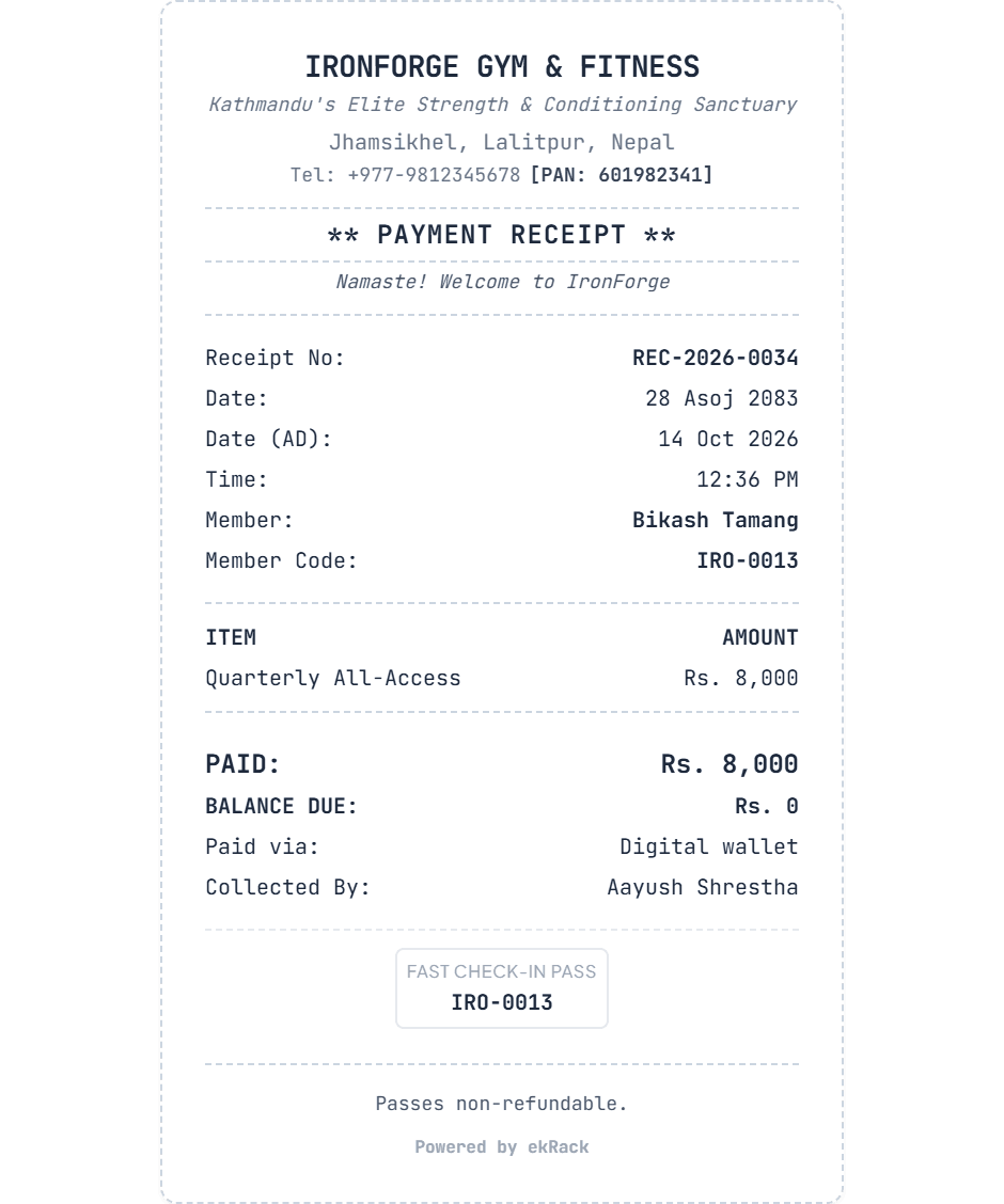 Thermal receipt slip: Rs. 8,000 paid, balance due Rs. 0, dated 28 Asoj 2083
