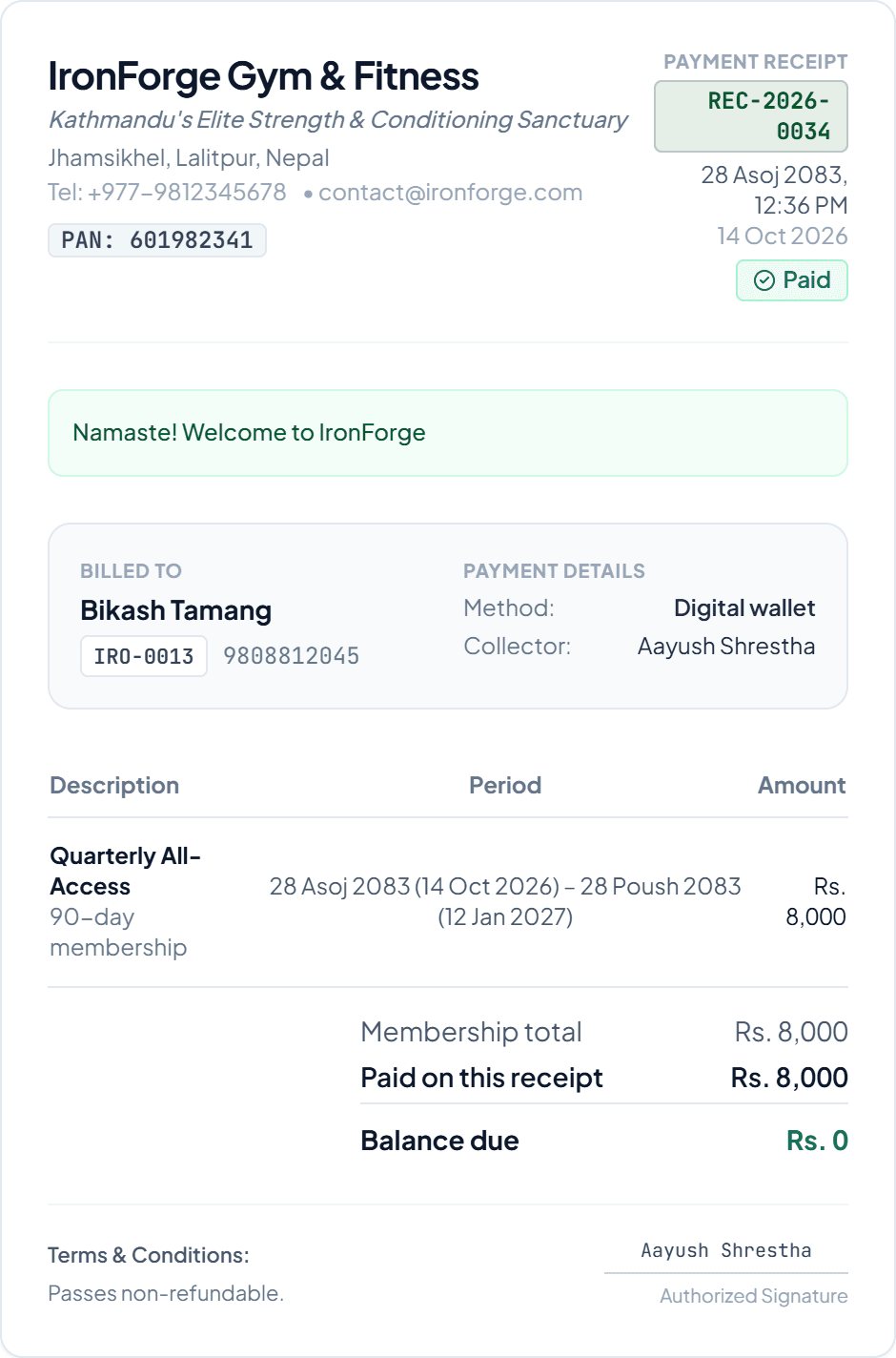 Payment receipt with the date in Bikram Sambat and the English date beside it